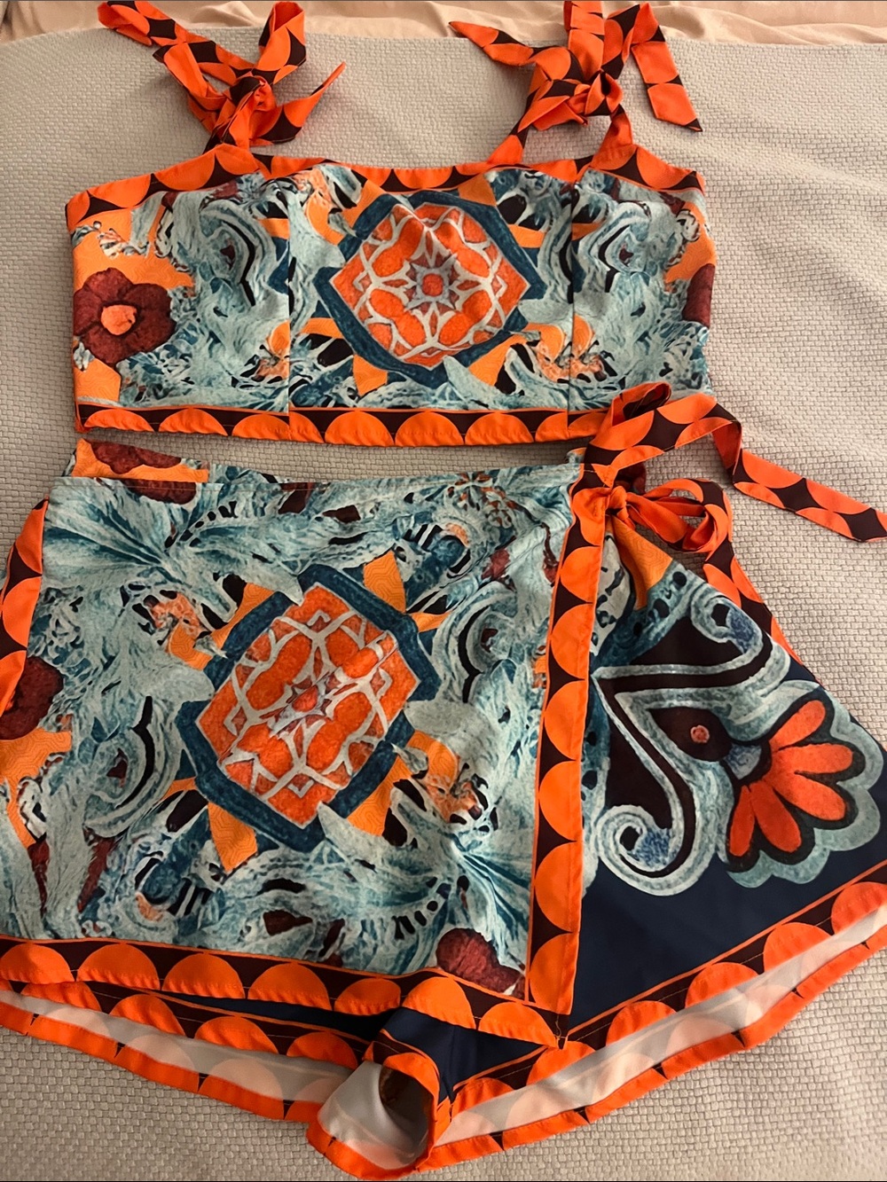 NEW SHEIN Curve 2XL Light Teal & Orange Tie-shoulder top and skirt/short bottom